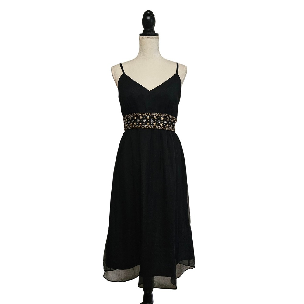 Vintage Y2K Black Silk Gold Beaded Empire Waist‎ Dress Size 12 Glam Goth Evening